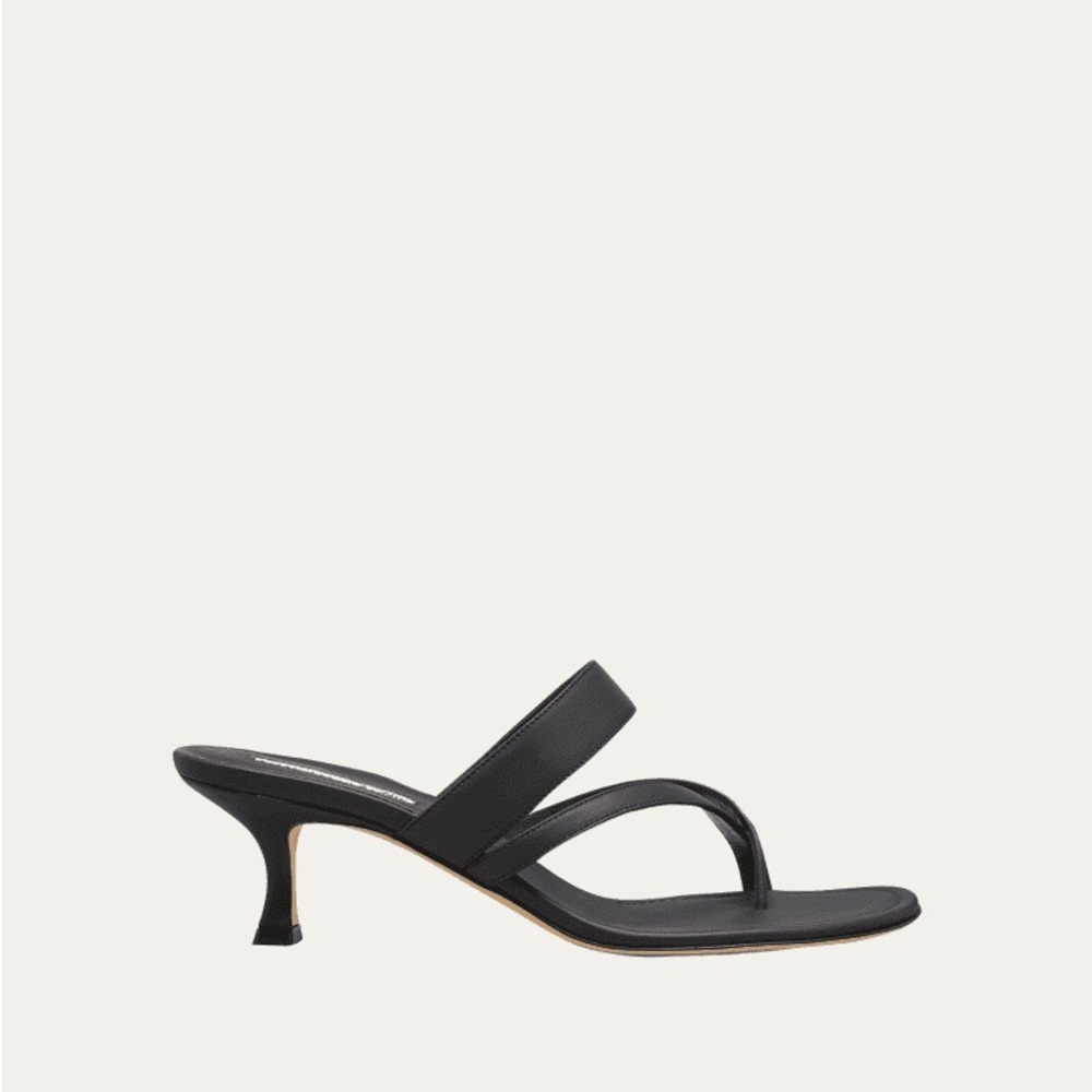 MANOLO BLAHNIK Susa Black Leather Kitten Heel Sandals Slides Mules (39)